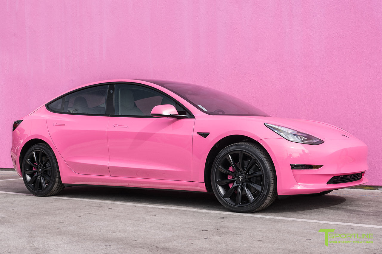 Gloss Hot Pink Tesla Model 3 with Matte Black 19 inch TST Turbine Style Wheels by T Sportline
