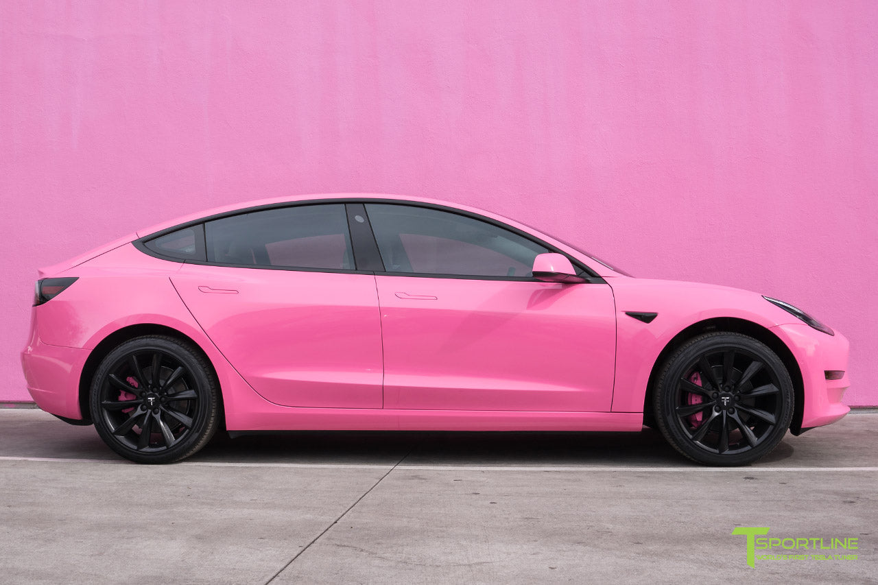 Gloss Hot Pink Tesla Model 3 with Matte Black 19 inch TST Turbine Style Wheels by T Sportline