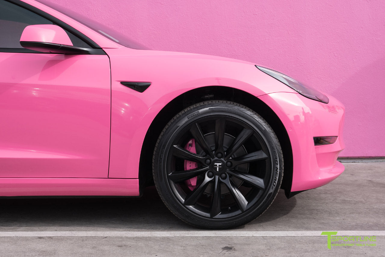Gloss Hot Pink Tesla Model 3 with Matte Black 19 inch TST Turbine Style Wheels by T Sportline 1