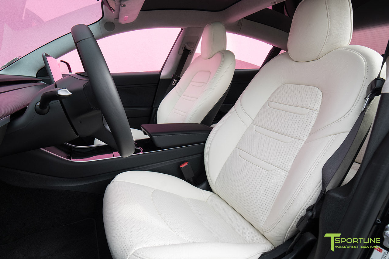 Tesla Model 3 Custom Leather Interior Kit - White Leather - White Insignia - Perforated by T Sportline