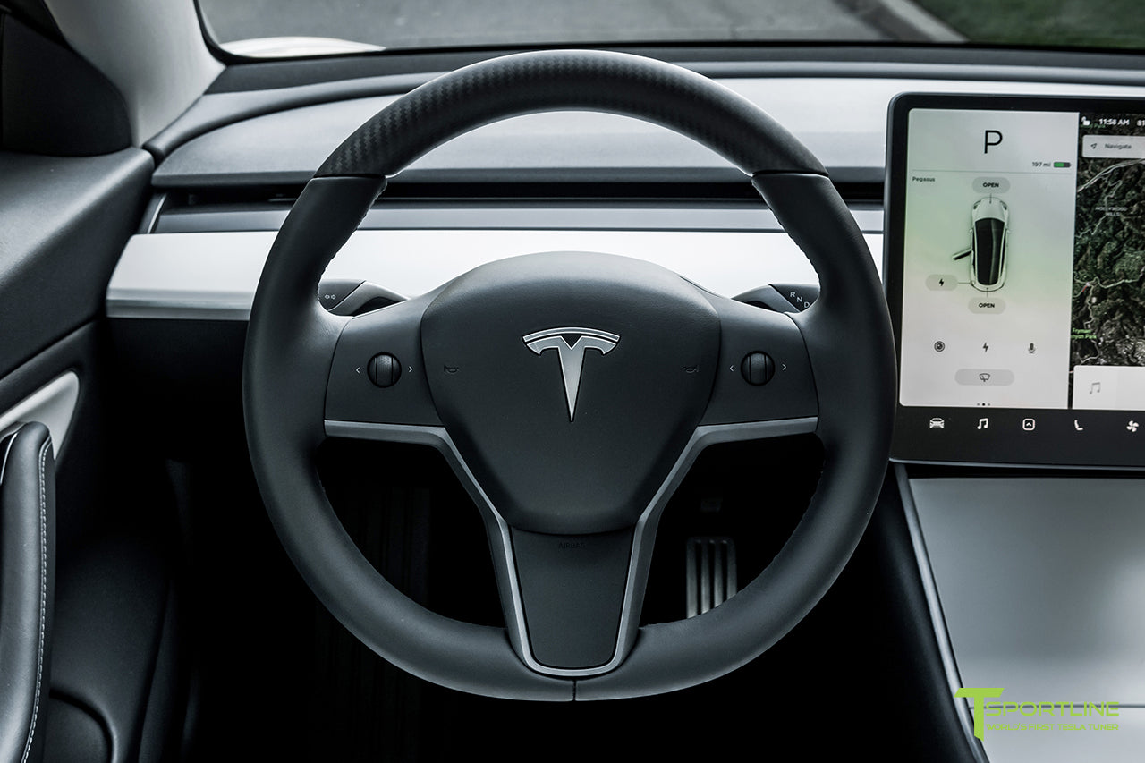 Tesla Model 3 Matte Carbon Fiber Steering Wheel on Premium White or Ultra White Interior by T Sportline