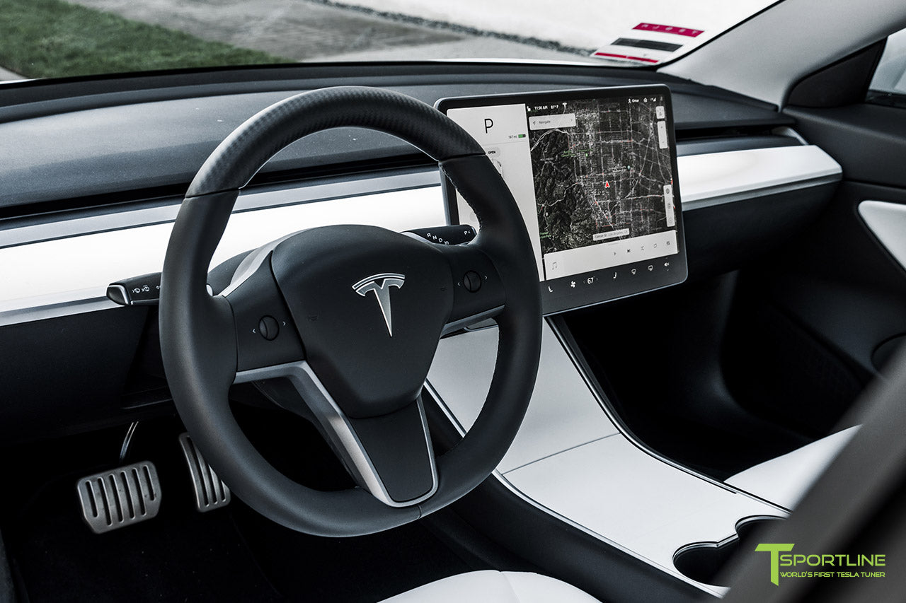 Tesla Model 3 Matte Carbon Fiber Steering Wheel on Premium White