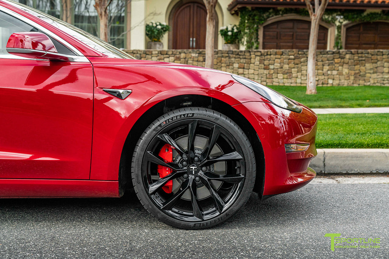 Red Multi-Coat Tesla Model 3 with 20" TSS Flow Forged Wheels in Gloss Black by T Sportline 