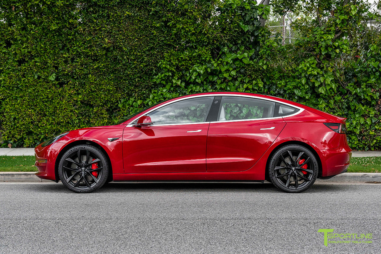 Red Multi-Coat Tesla Model 3 with 20" TSS Flow Forged Wheels in Matte Black by T Sportline 
