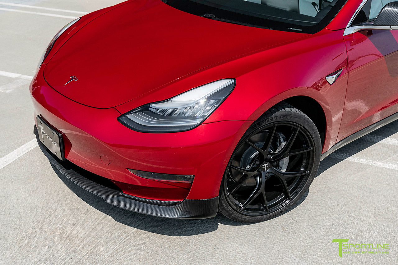 Red Multi-Coat Performance Tesla Model 3 with Carbon Fiber Tesla Model 3 Front Apron (Front Splitter or Front Lip), Rear Diffuser, Side Skirt, and Rear Trunk Wing by T Sportline 