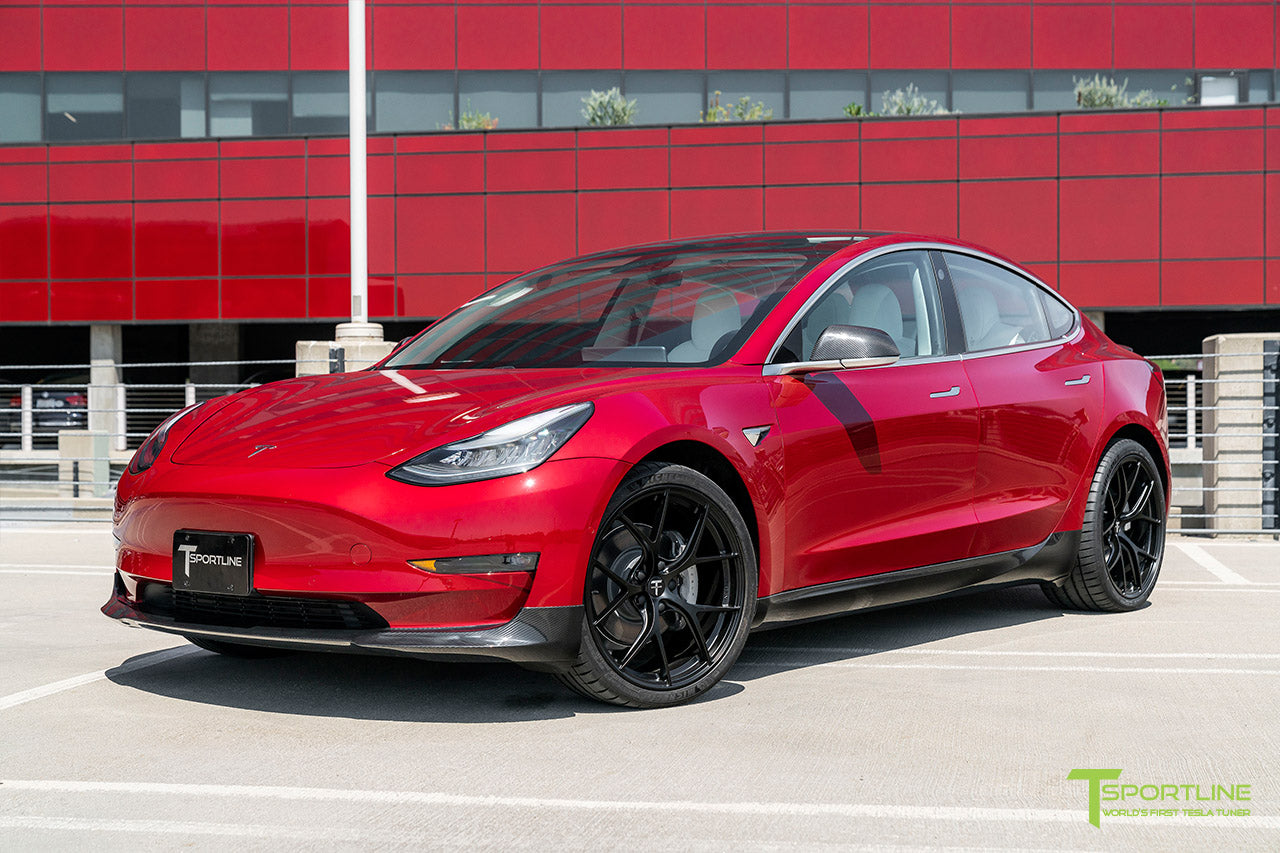 Red Multi-Coat Performance Tesla Model 3 with Carbon Fiber Tesla Model 3 Front Apron (Front Splitter or Front Lip), Rear Diffuser, Side Skirt, and Rear Trunk Wing by T Sportline 