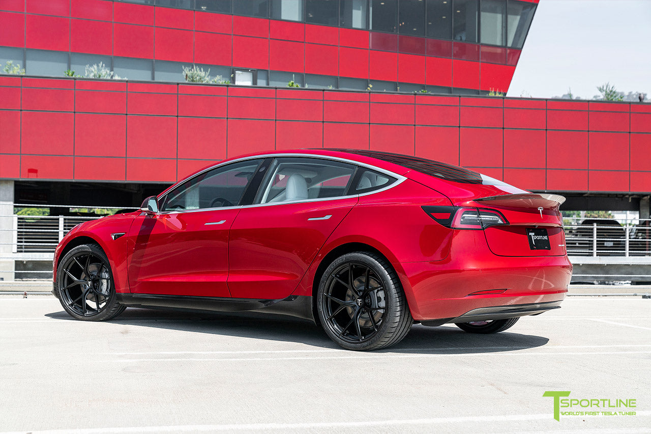 Red Multi-Coat Performance Tesla Model 3 with Carbon Fiber Tesla Model 3 Front Apron (Front Splitter or Front Lip), Rear Diffuser, Side Skirt, and Rear Trunk Wing by T Sportline 