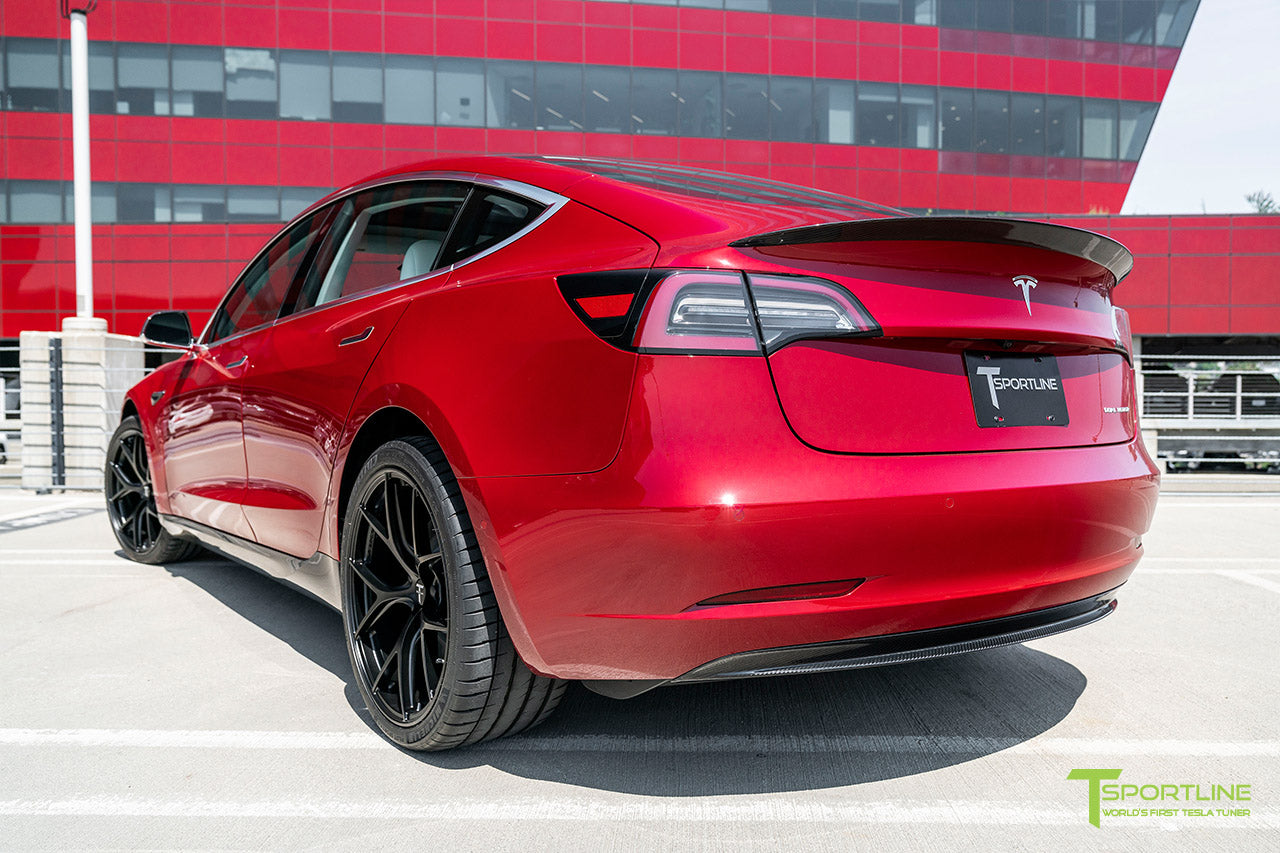 Red Multi-Coat Tesla Model 3 with Gloss Carbon Fiber Executive Trunk Wing Performance Lip Spoiler by T Sportline 