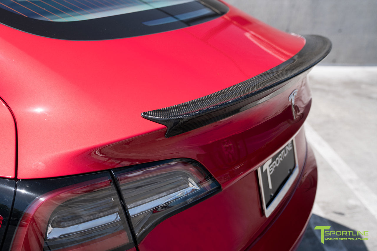 Red Multi-Coat Tesla Model 3 with Gloss Carbon Fiber Trunk Wing Spoiler by T Sportline
