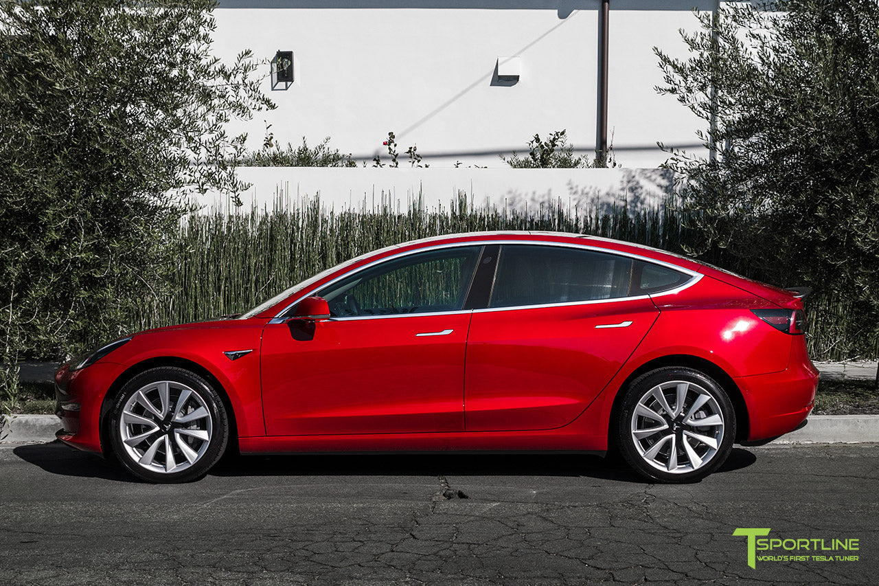 Red Multi-Coat Tesla Model 3 with Matte Carbon Fiber Trunk Wing Spoiler by T Sportline 