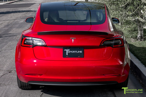 Red Multi-Coat Tesla Model 3 with Matte Carbon Fiber Trunk Wing Spoile ...