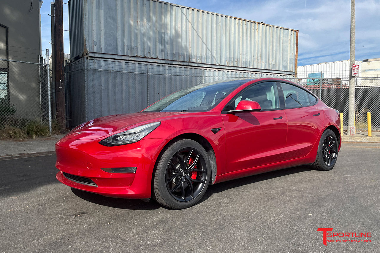 Red Multi-Coat Tesla Model 3 Performance with 18" TS5 Wheels and Chrome Delete