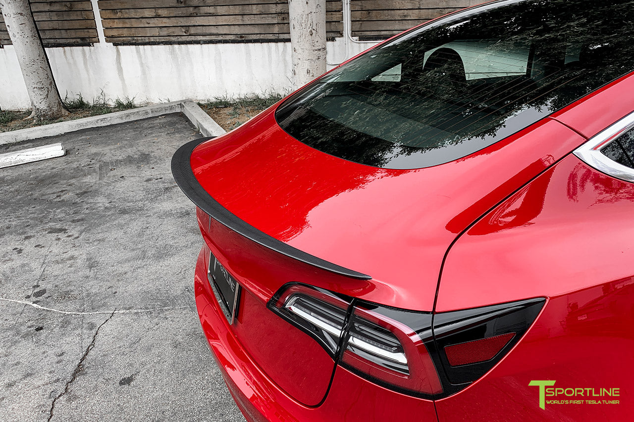 Red Multi-Coat Model 3 with Matte Carbon Fiber Trunk Wing Executive Performance Lip Spoiler by T Sportline 