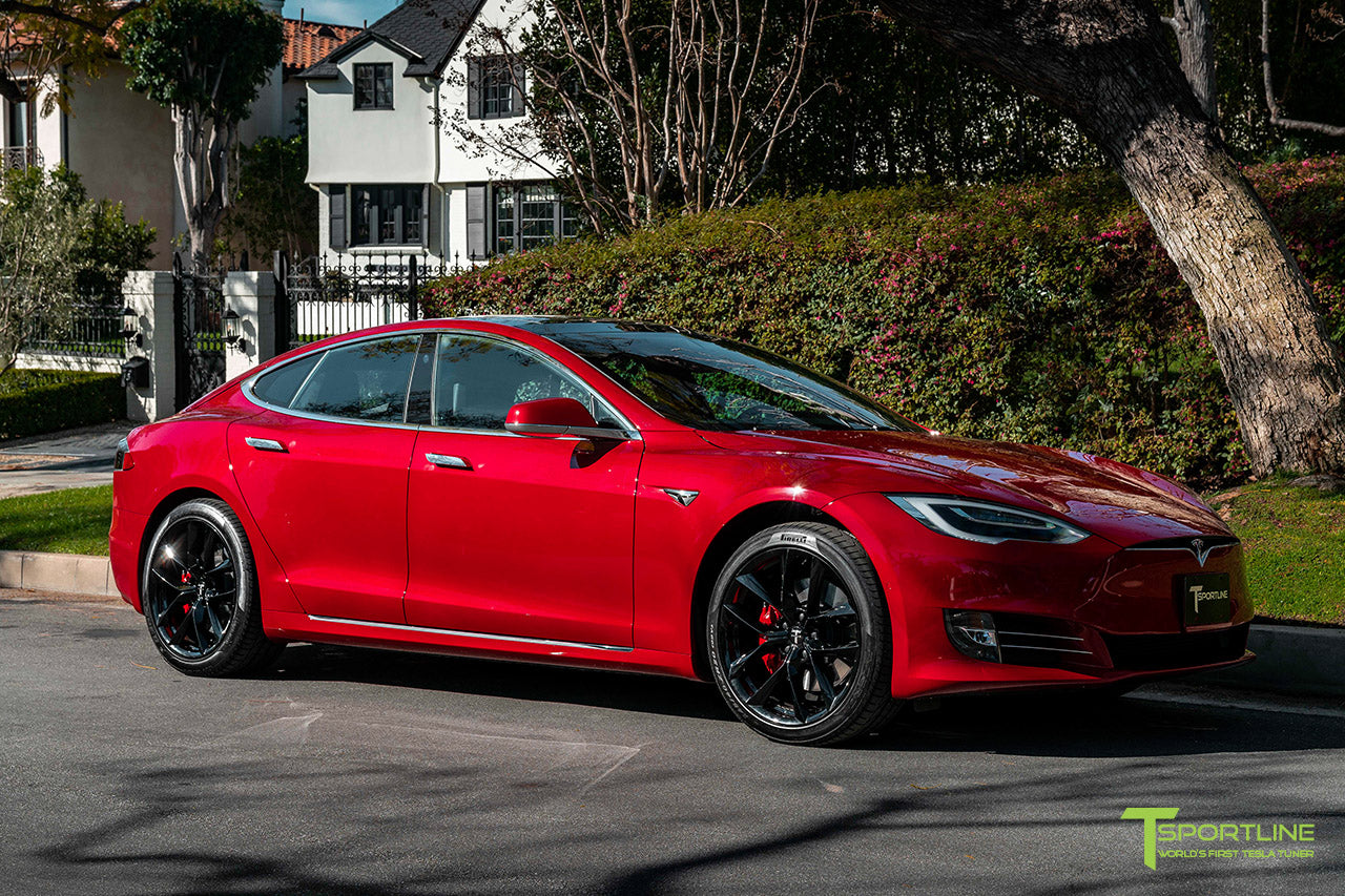 Red Multi-Coat Tesla Model S with 20" TSS Flow Forged Wheels in Gloss Black by T Sportline 