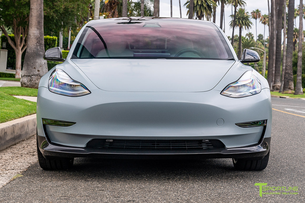 Satin Battleship Gray Performance Tesla Model 3 with Carbon Fiber Tesla Model 3 Front Apron (Front Splitter or Front Lip), Rear Diffuser, Side Skirt, and Rear Trunk Wing by T Sportline