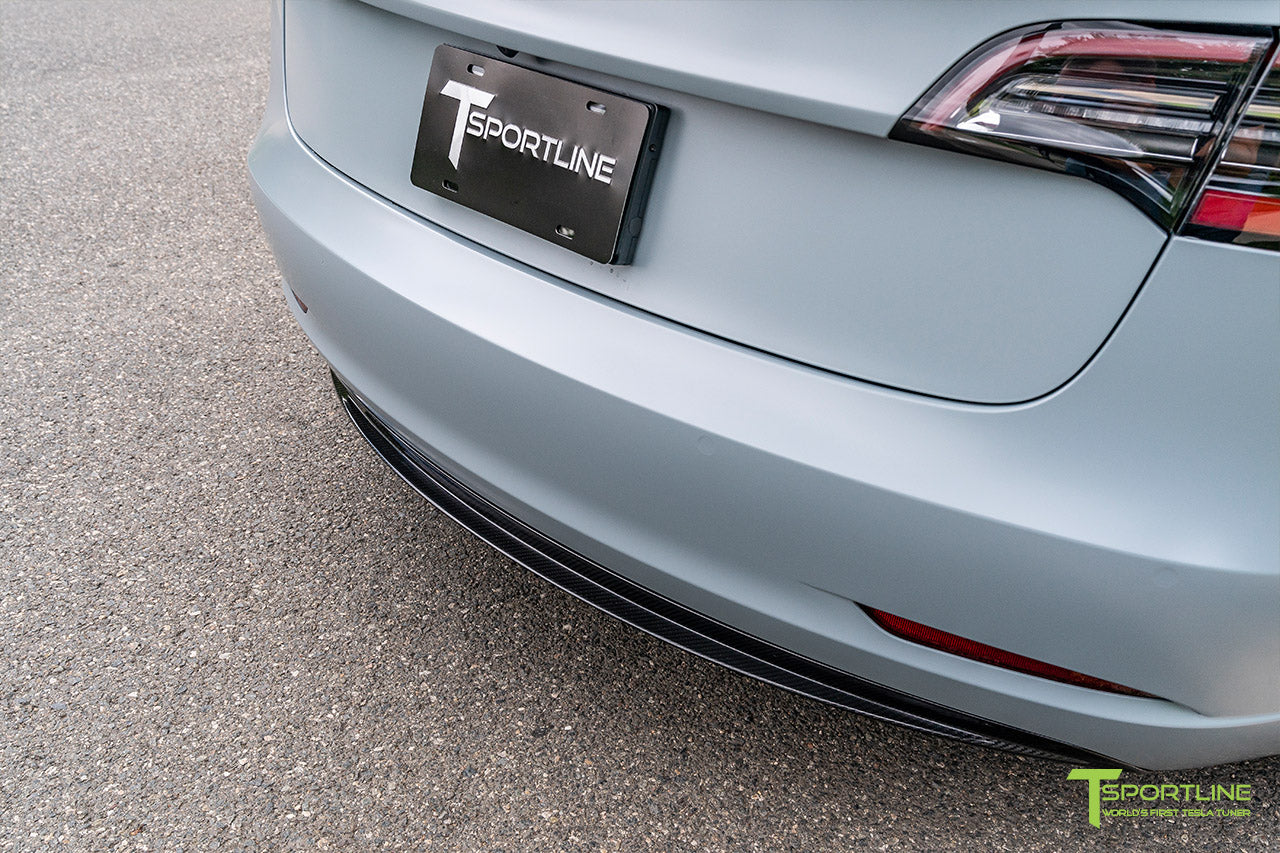 Satin Battleship Gray Performance Tesla Model 3 with Carbon Fiber Tesla Model 3 Front Apron (Front Splitter or Front Lip), Rear Diffuser, Side Skirt, and Rear Trunk Wing by T Sportline