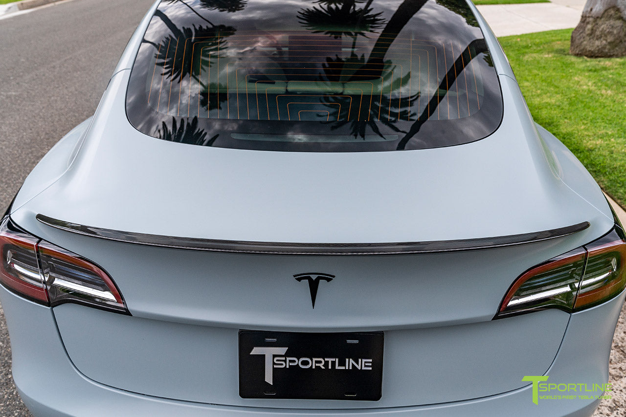 Satin Battleship Gray Performance Tesla Model 3 with Carbon Fiber Tesla Model 3 Front Apron (Front Splitter or Front Lip), Rear Diffuser, Side Skirt, and Rear Trunk Wing by T Sportline