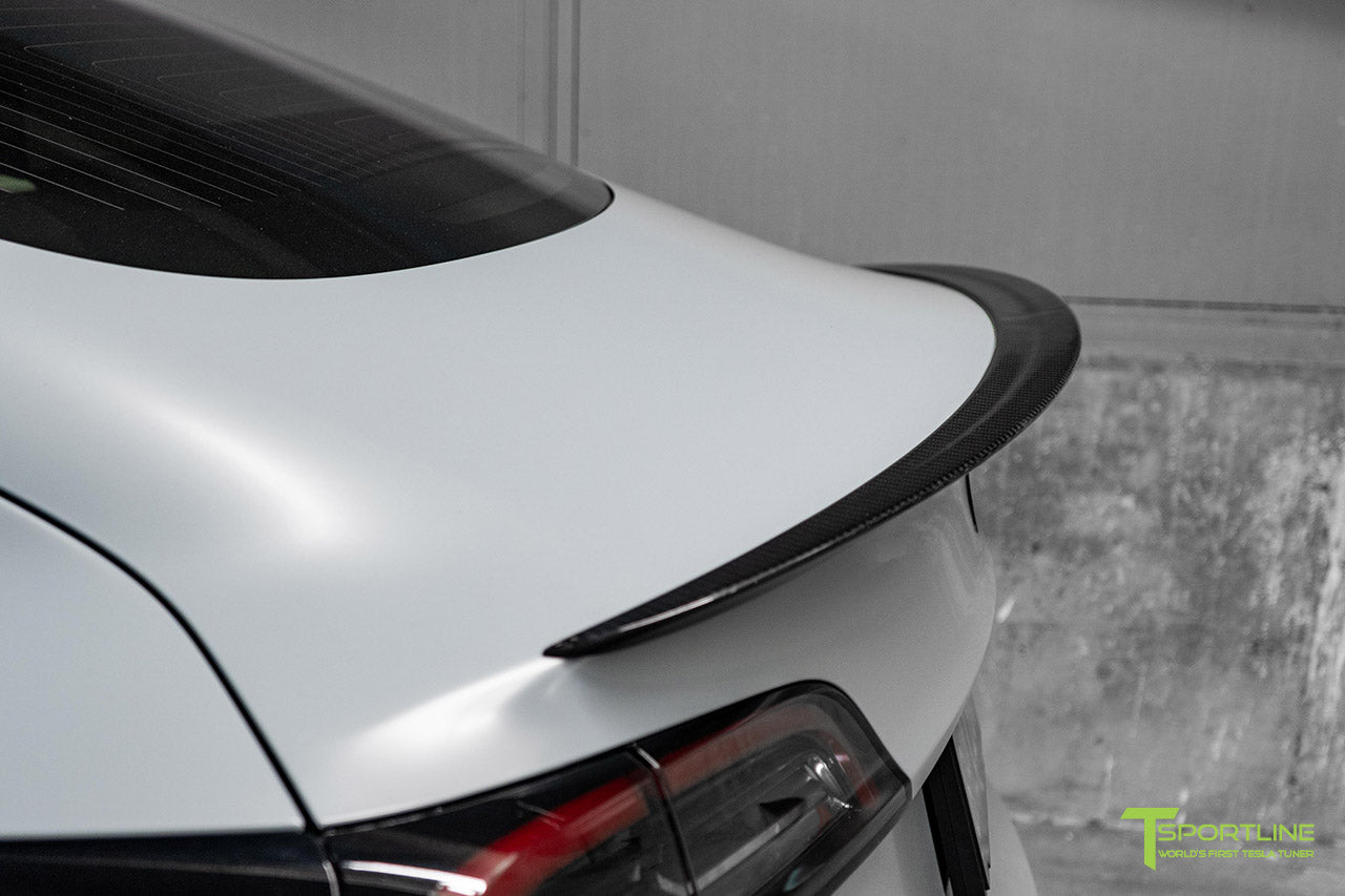 Satin Battleship Gray Performance Tesla Model 3 with Matte Black 20 inch TSS Flow Forged Wheels, Carbon Fiber Executive Performance Wing, Carbon Fiber Side Mirrors by T Sportline