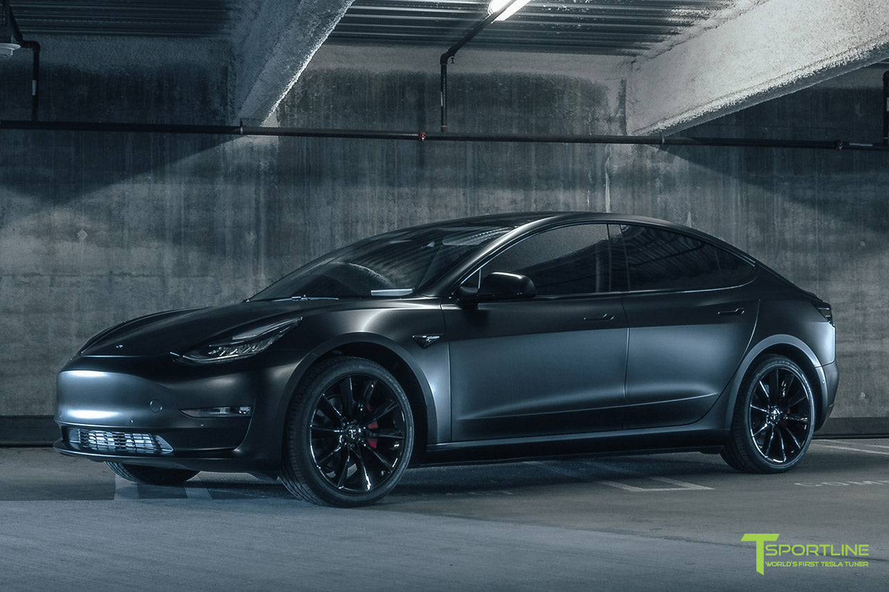 Satin Matte Black Tesla Model 3 with Gloss Black 19 inch TST, Black Out Chrome Delete, Wrap, Window Tint by T Sportline