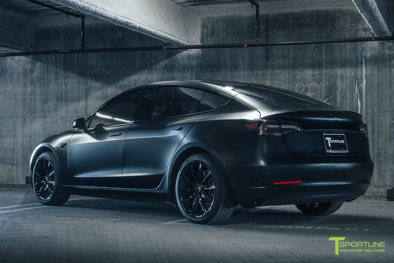 Satin Matte Black Tesla Model 3 with Gloss Black 19 inch TST, Black Out Chrome Delete, Wrap, Window Tint by T Sportline