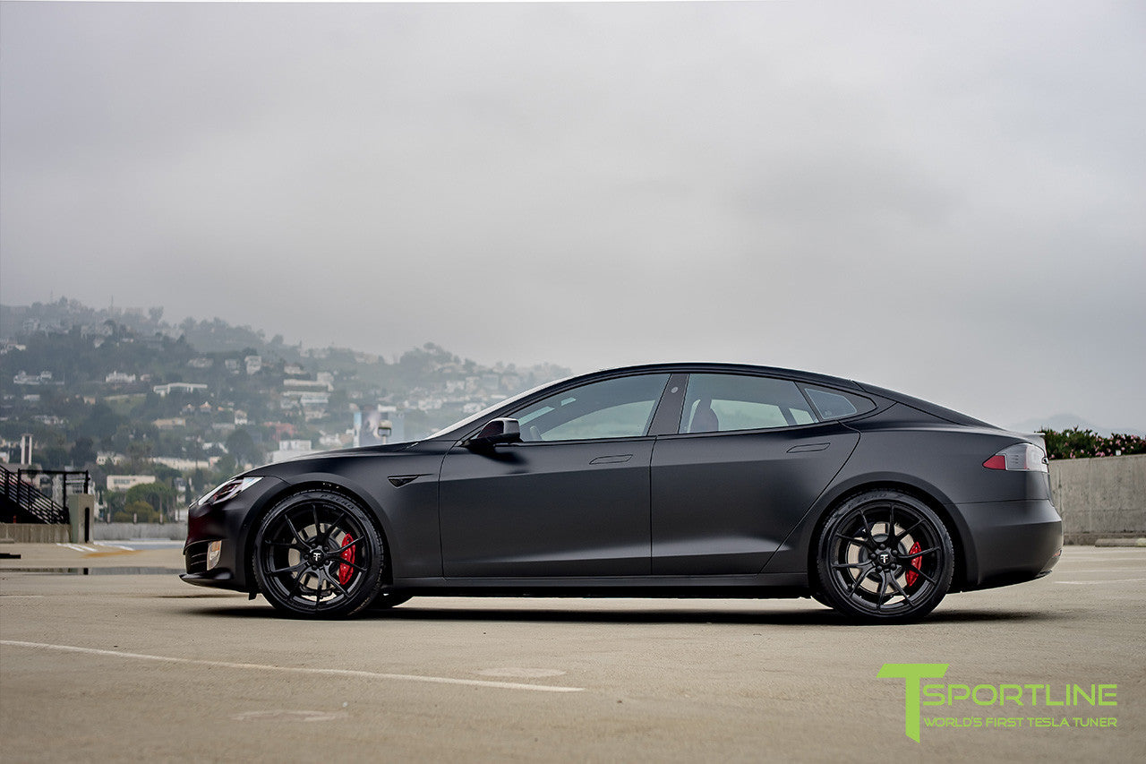Satin Black Tesla Model S 2.0 with Gloss Black 21 inch TS115 Forged Wheels 