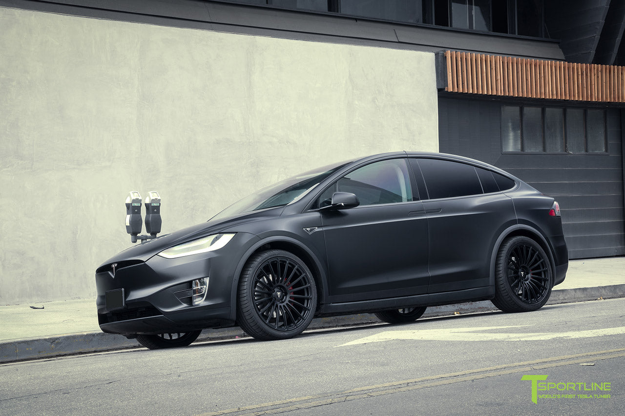 Satin Black Tesla Model X with Matte Black MX118 22 inch Forged Tesla Wheels by T Sportline