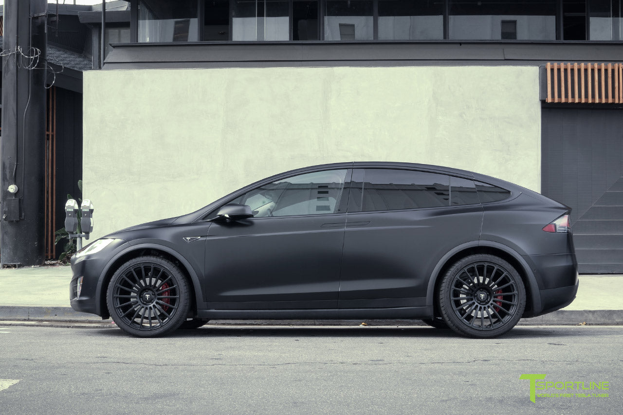 Satin Black Tesla Model X with Matte Black MX118 22 inch Forged Tesla Wheels by T Sportline
