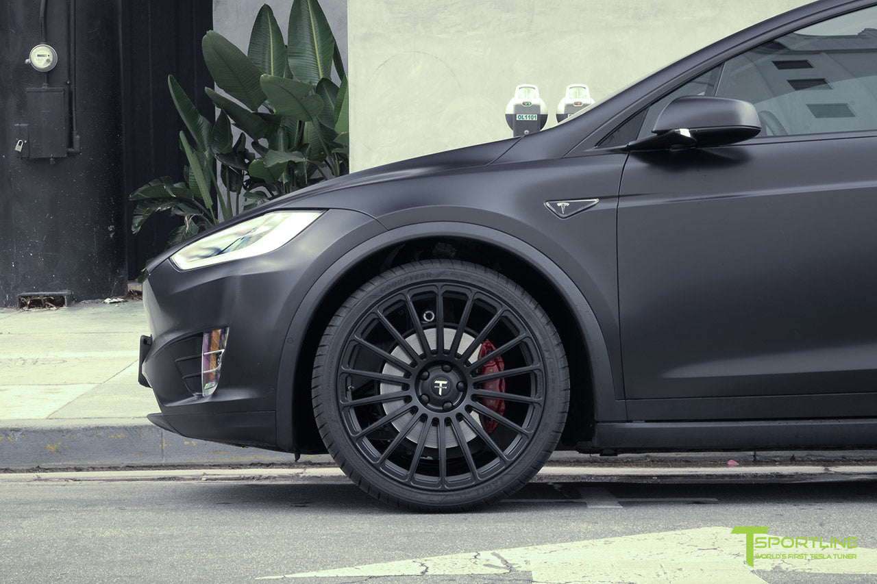 Satin Black Tesla Model X with Matte Black MX118 22 inch Forged Tesla Wheels by T Sportline