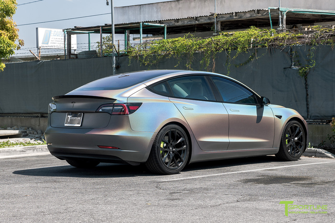 Satin Psychedelic Wrapped Black Performance Model 3 with Gloss Carbon Fiber Trunk Wing Executive Performance Lip Spoiler by T Sportline