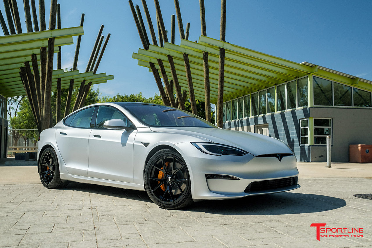 Satin White Aluminum Tesla Model S Plaid with 21" TS115 Forged Wheels in Gloss Black, Custom Painted Brake Calipers in Orange, Orange Seatbelts, and Gloss Carbon Fiber Trim by T Sportline