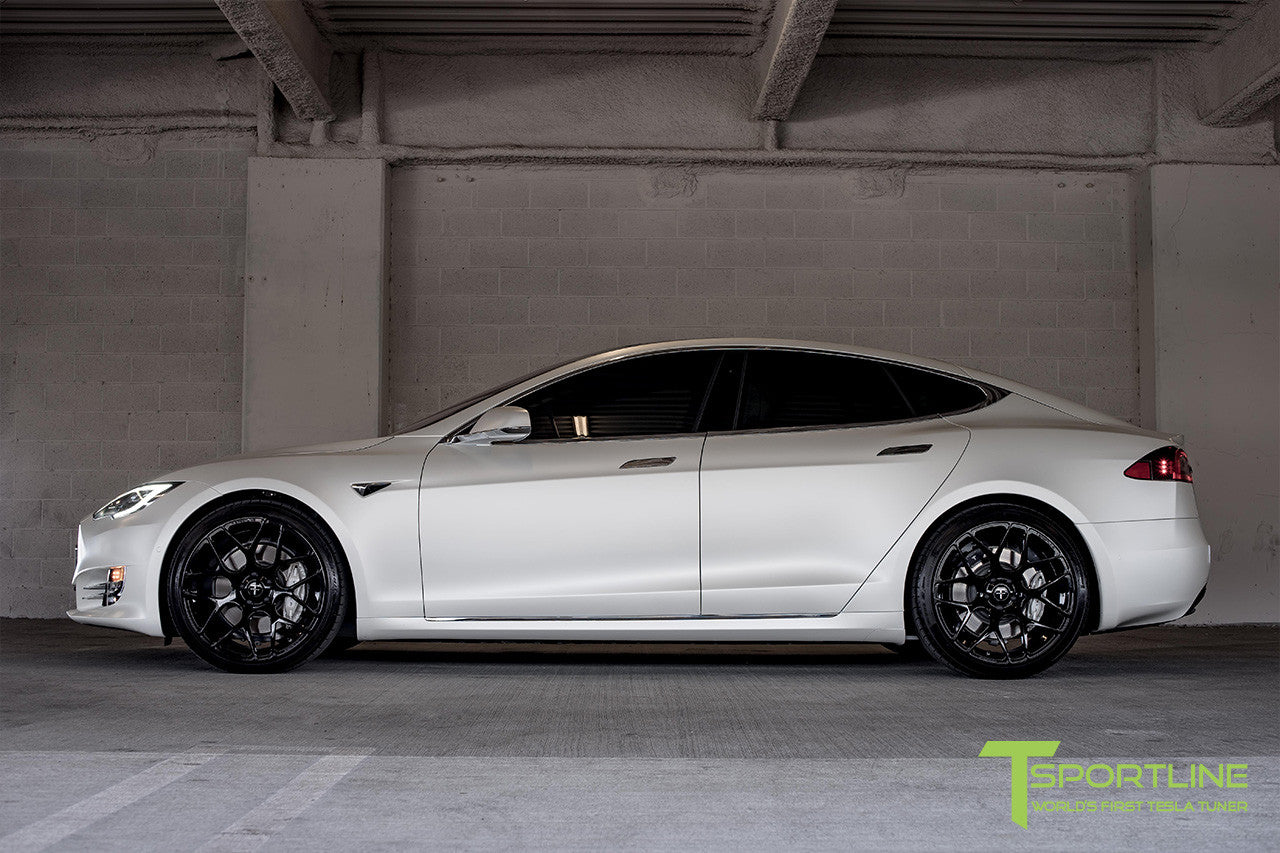 Satin White Tesla Model S 2.0 with Gloss Black 21 inch TS117 Forged Wheels 