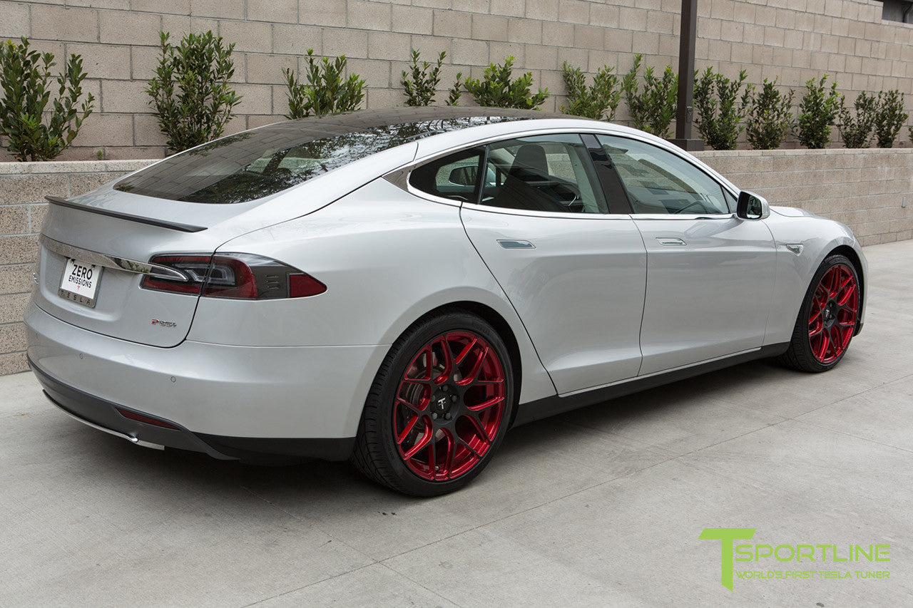 Silver Tesla Model S 1.0 with Imperial Red 21 inch TS117 Forged Wheels 