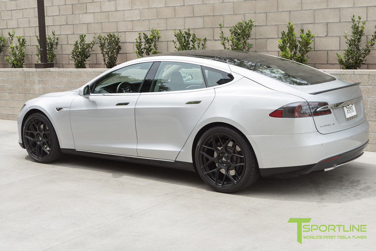 Silver Tesla Model S 1.0 with Matte Black 21 inch TS117 Forged Wheels 