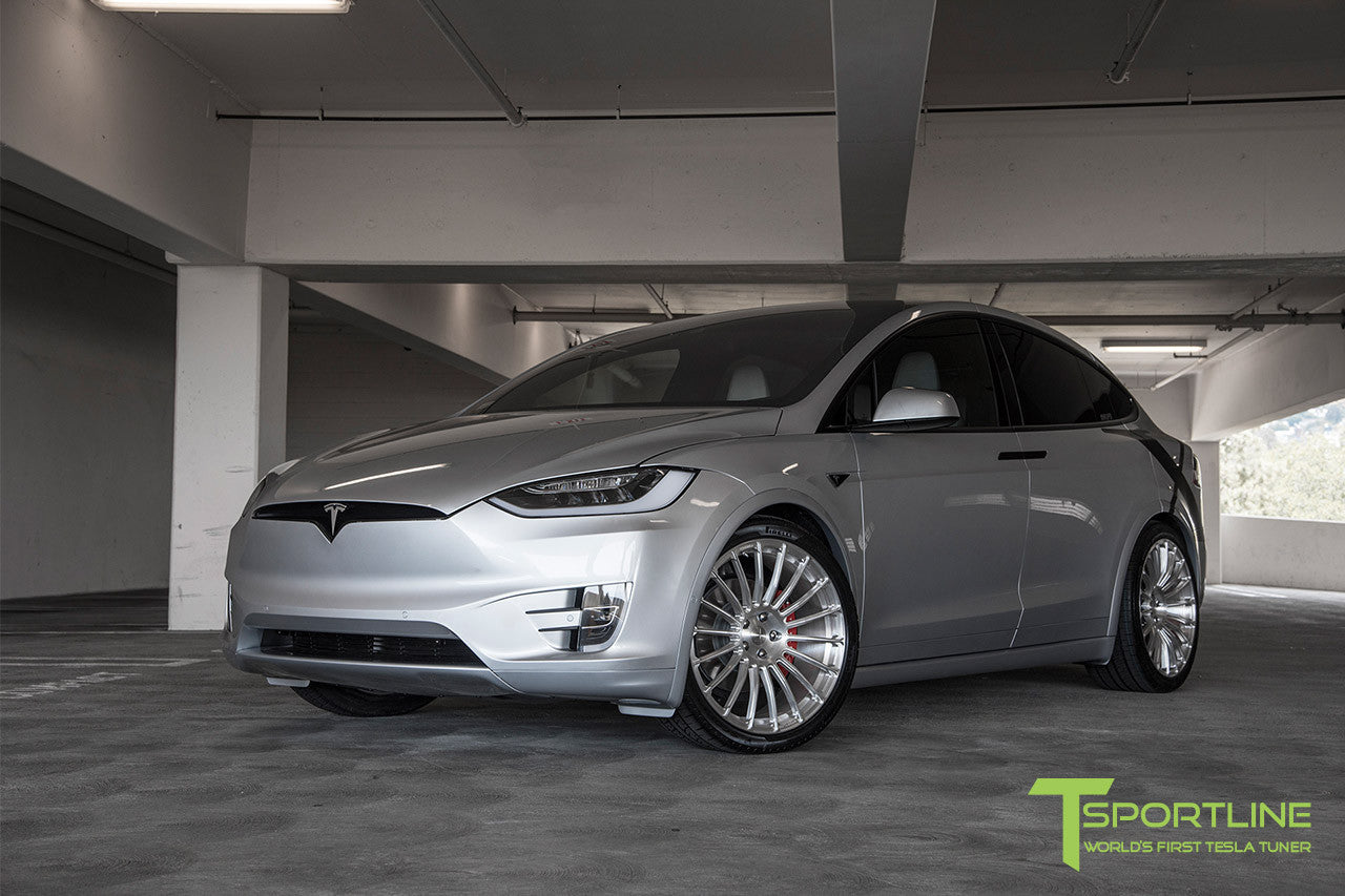 Silver Tesla Model X with Brush Satin 22 inch MX118 Forged Wheels 