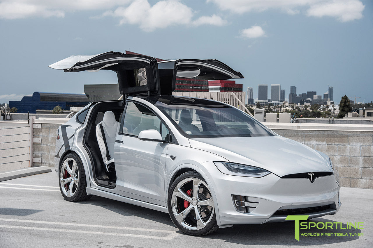 Silver Tesla Model X with Chrome 22 inch MX5 Forged Wheels 3 T Sportline Tesla Model S 3 X Y Accessories