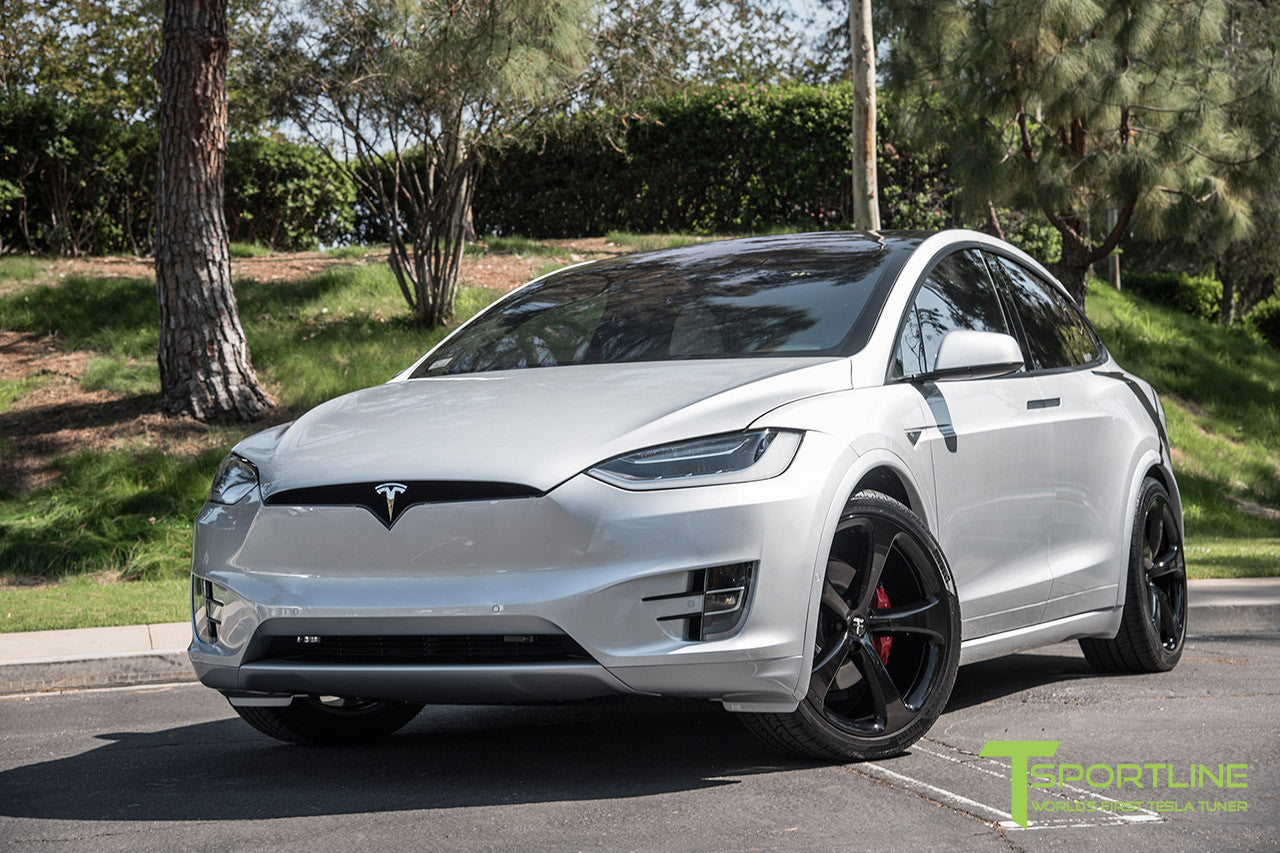 Silver Tesla Model X with Gloss Black 22 inch MX5 Forged Wheels 
