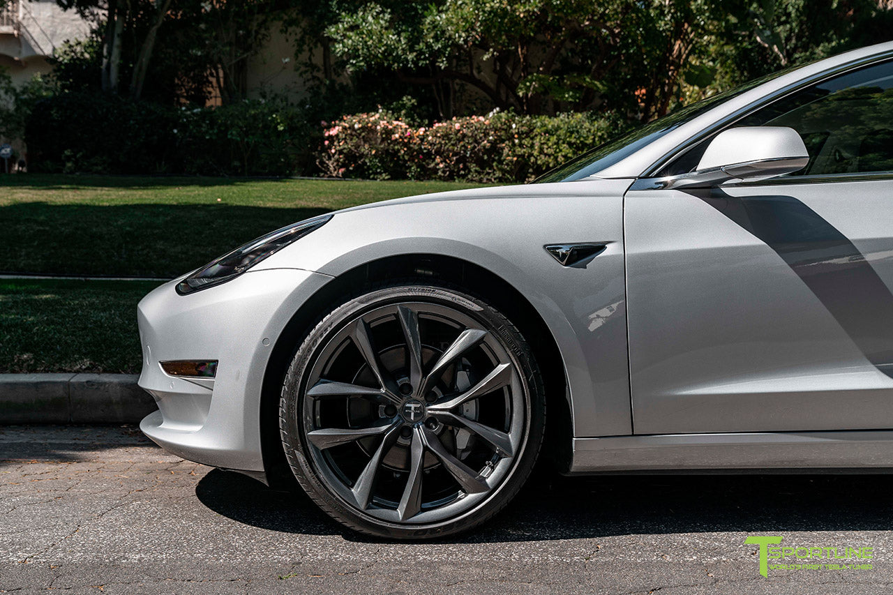 Silver Metallic Tesla Model 3 with Space Gray 20" TSS Flow Forged Wheels by T Sportline 