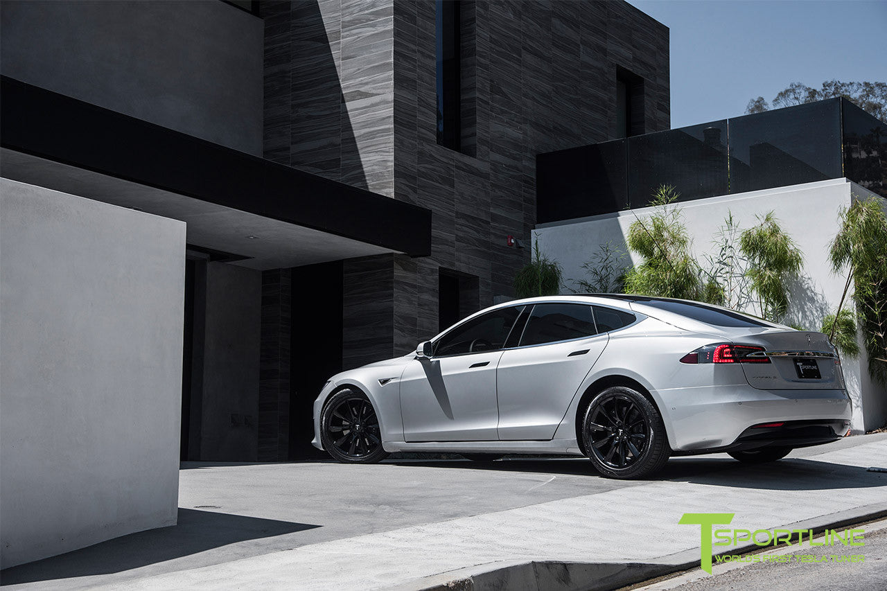 Silver Tesla Model S 2.0 with 19 Inch TST Wheels in Gloss Black 