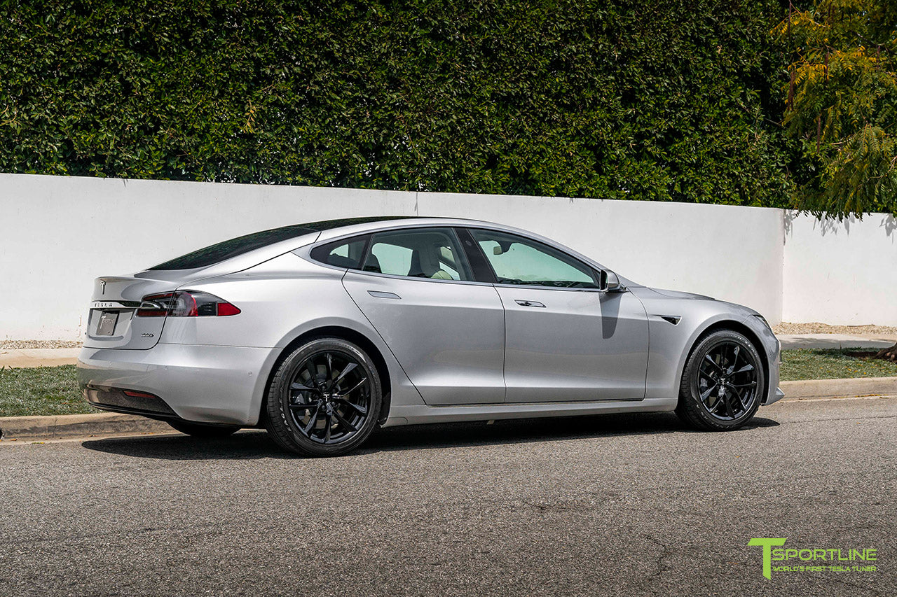 Silver Tesla Model S with 19" TSS Flow Forged Wheels in Gloss Black by T Sportline