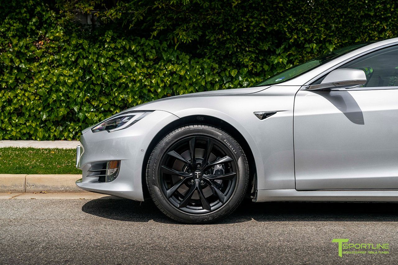 Silver Tesla Model S with 19" TSS Flow Forged Wheels in Matte Black by T Sportline