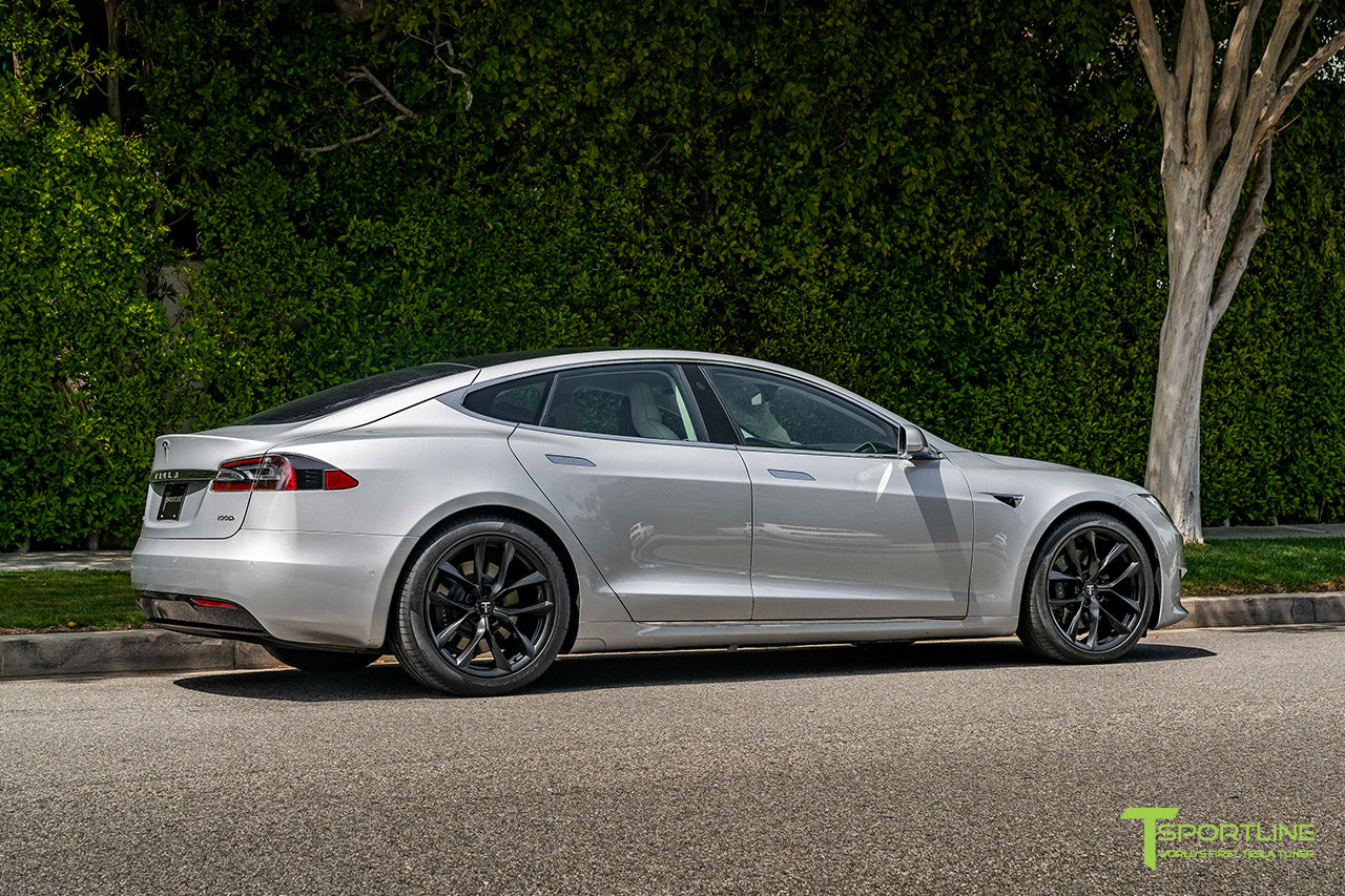 Silver Tesla Model S with 20" TSS Flow Forged Wheels in Matte Black by T Sportline 