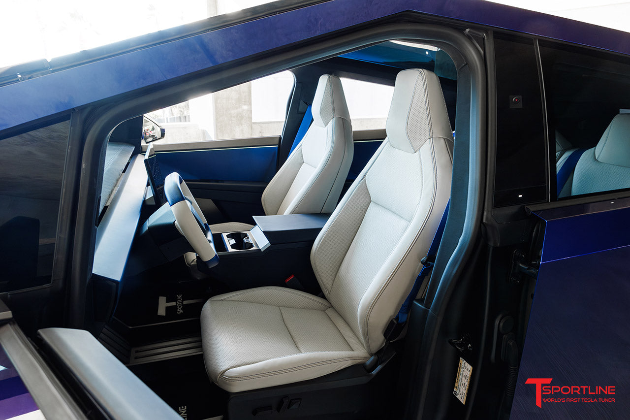 Tesla Cybertruck Bentley Linen Interior with Matte Blue Carbon Fiber Decor