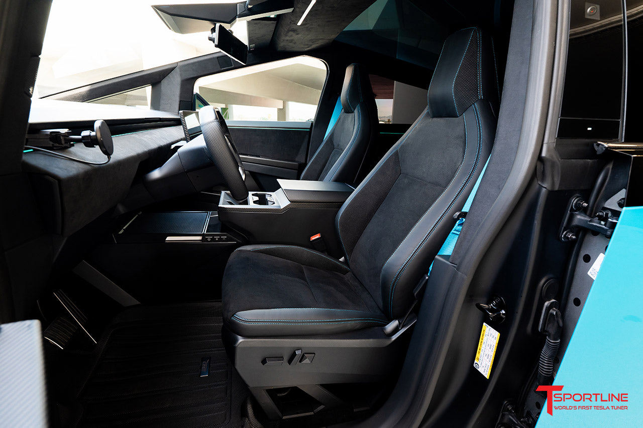 Tesla Cybertruck Ferrari Black and Monza Suede Custom Interior with Miami Blue Accents