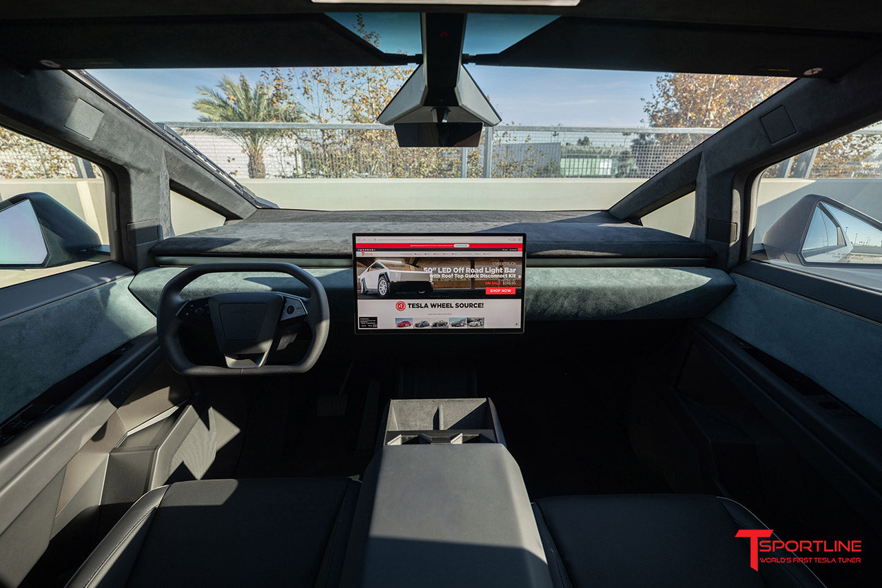 Tesla Cybertruck with Forest Green Alcantara Upper Dash and Door Inserts