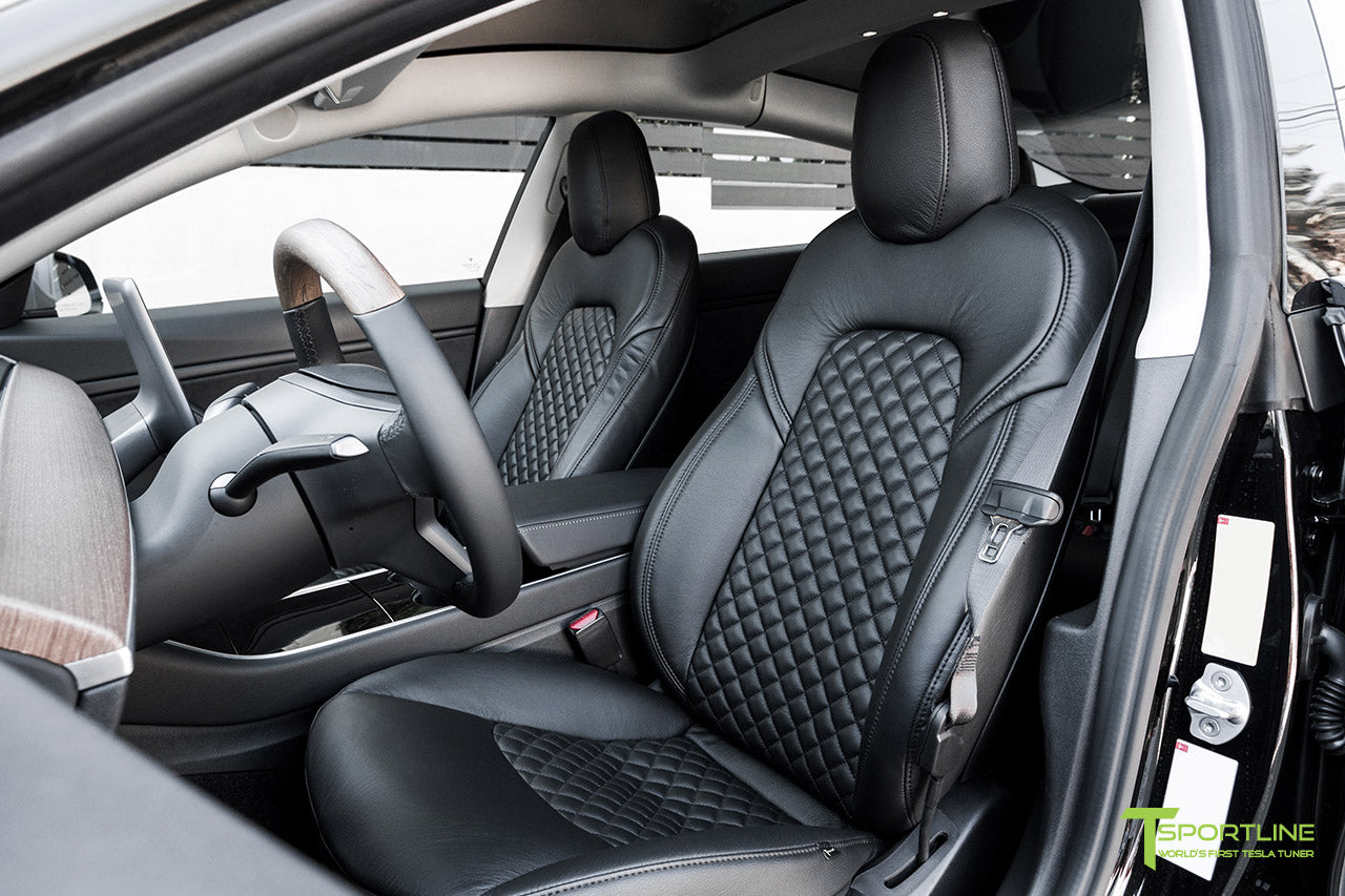 Matte Gunmetal Metallic Tesla Model 3 with Custom Black Leather Diamond Quilt Interior by T Sportline 
