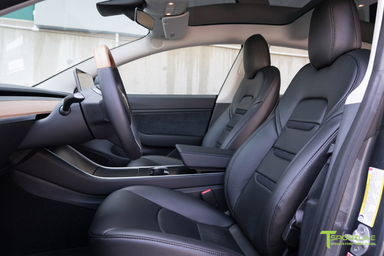Tesla Model 3 Seat Upgrade Kit Black Vegan Leather in Insignia design with Black Suede 2