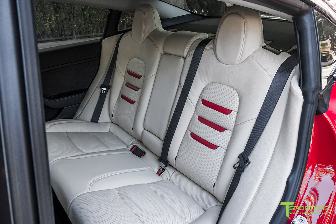 Tesla Model 3 Cream Interior Seat Upgrade Kit in Perforated Insignia Design with Red Leather by T Sportline 