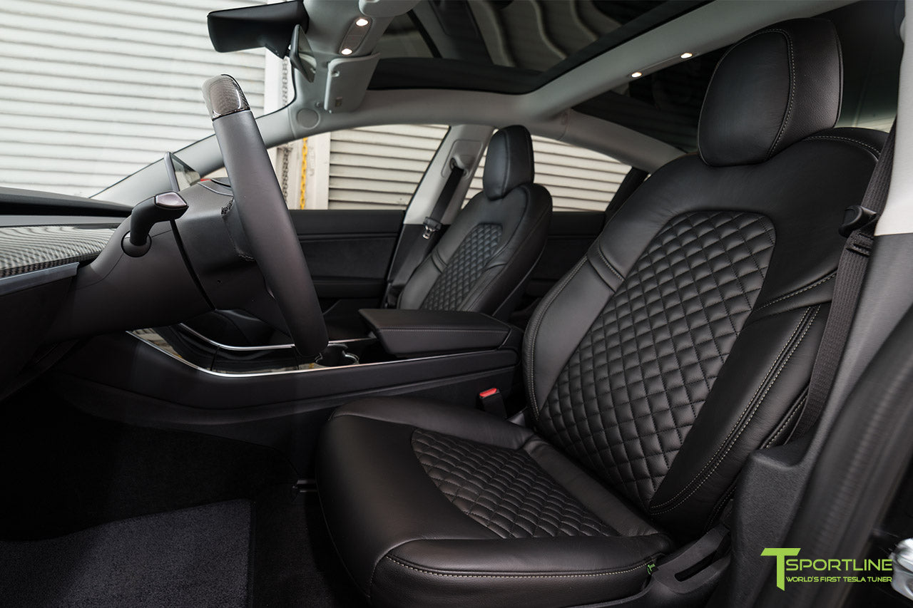 Tesla Model 3 Custom Leather Seat Upgrade Interior Kit - Black Leather - Signature Diamond Quilt by T Sportline 2