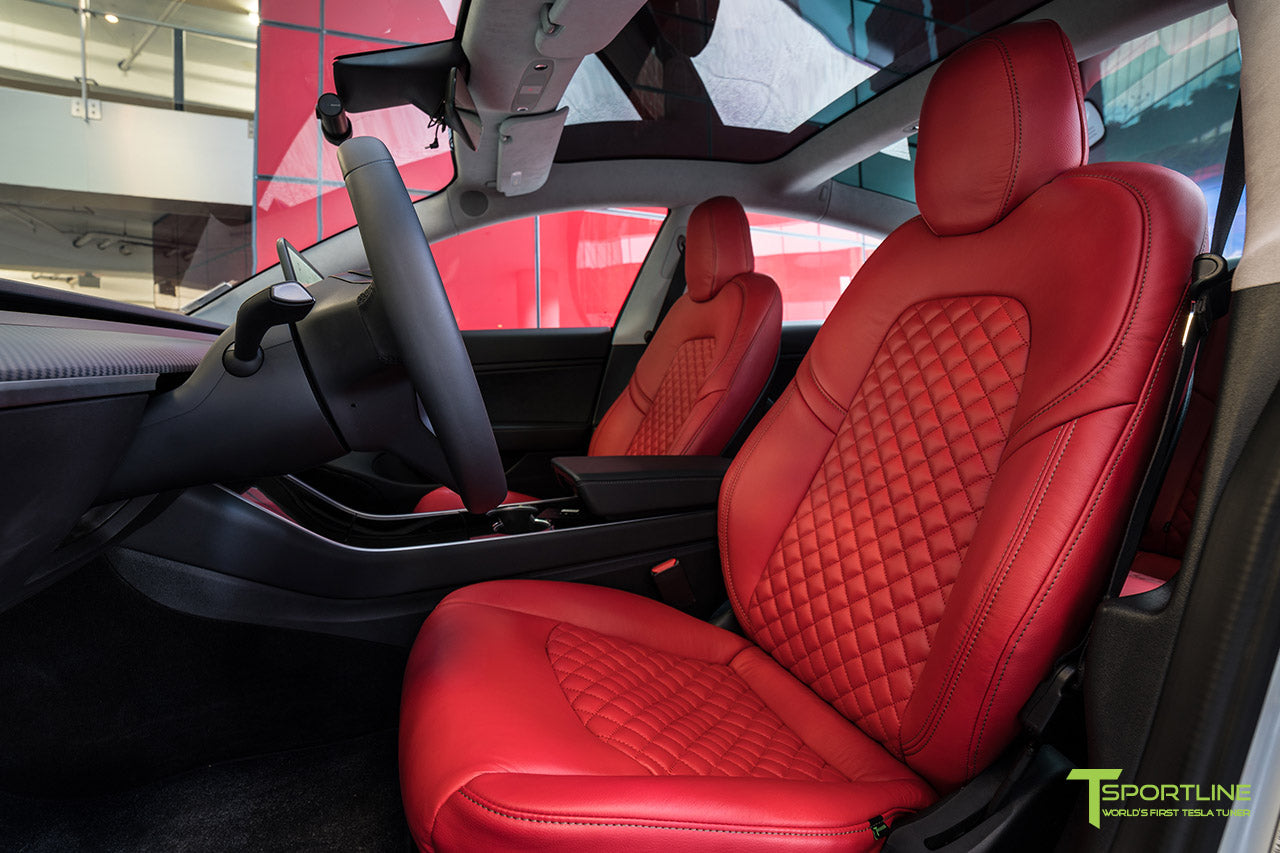 Tesla Model 3 Custom Leather Seat Upgrade Interior Kit - Red Leather - Signature Diamond Quilt by T Sportline 1