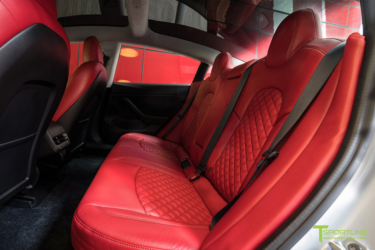 Tesla Model 3 Custom Leather Seat Upgrade Interior Kit - Red Leather - Signature Diamond Quilt by T Sportline 1